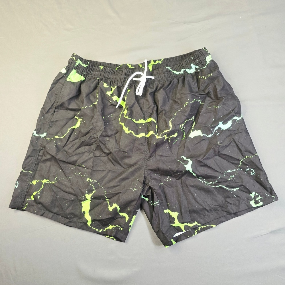 Shein Marble Print Swim Trunks Men's Size 2XL Black Green Lightning Board Shorts